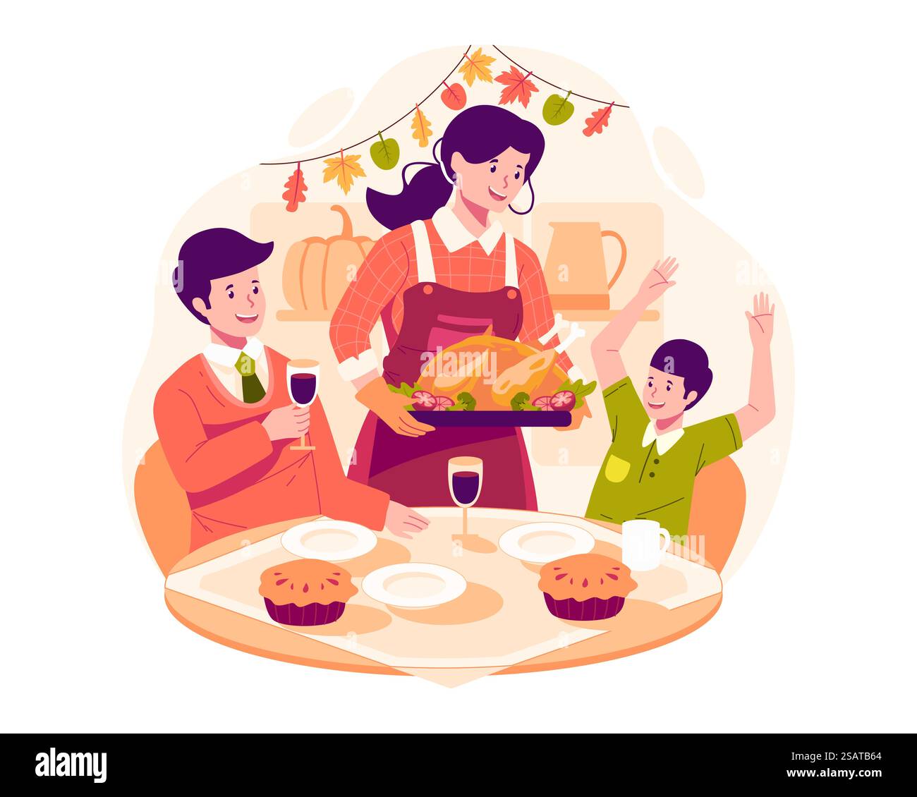 Happy Thanksgiving Day mit der Familie Vater, Mutter und Sohn, die zusammen am Tisch mit einem gerösteten Truthahn und Essen zu Abend essen Stock Vektor