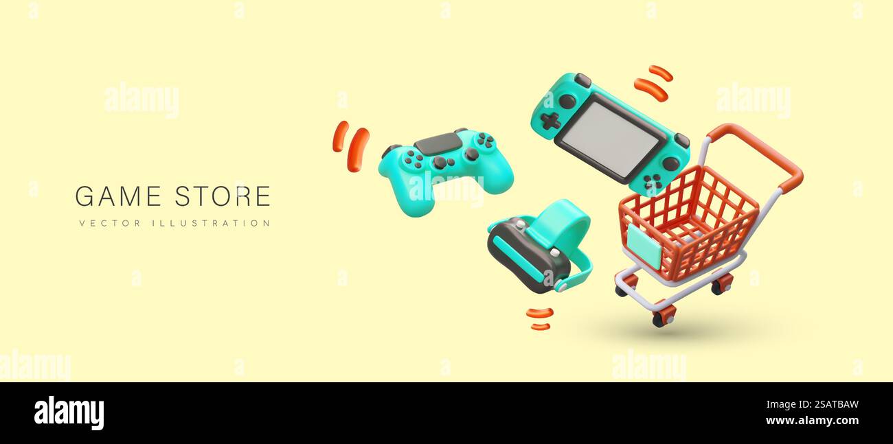 Spieleshop. Zubehör für Computerspiele, Online-Wettbewerbe. Virtuelle Unterhaltung, Videospiele, digitale Simulatoren. Neue Technologien. Horizontales Poster im Zeichentrickstil, 3D-Illustration. Spieleshop. Zubehör für Computerspiele, Online-Wettbewerbe Stock Vektor