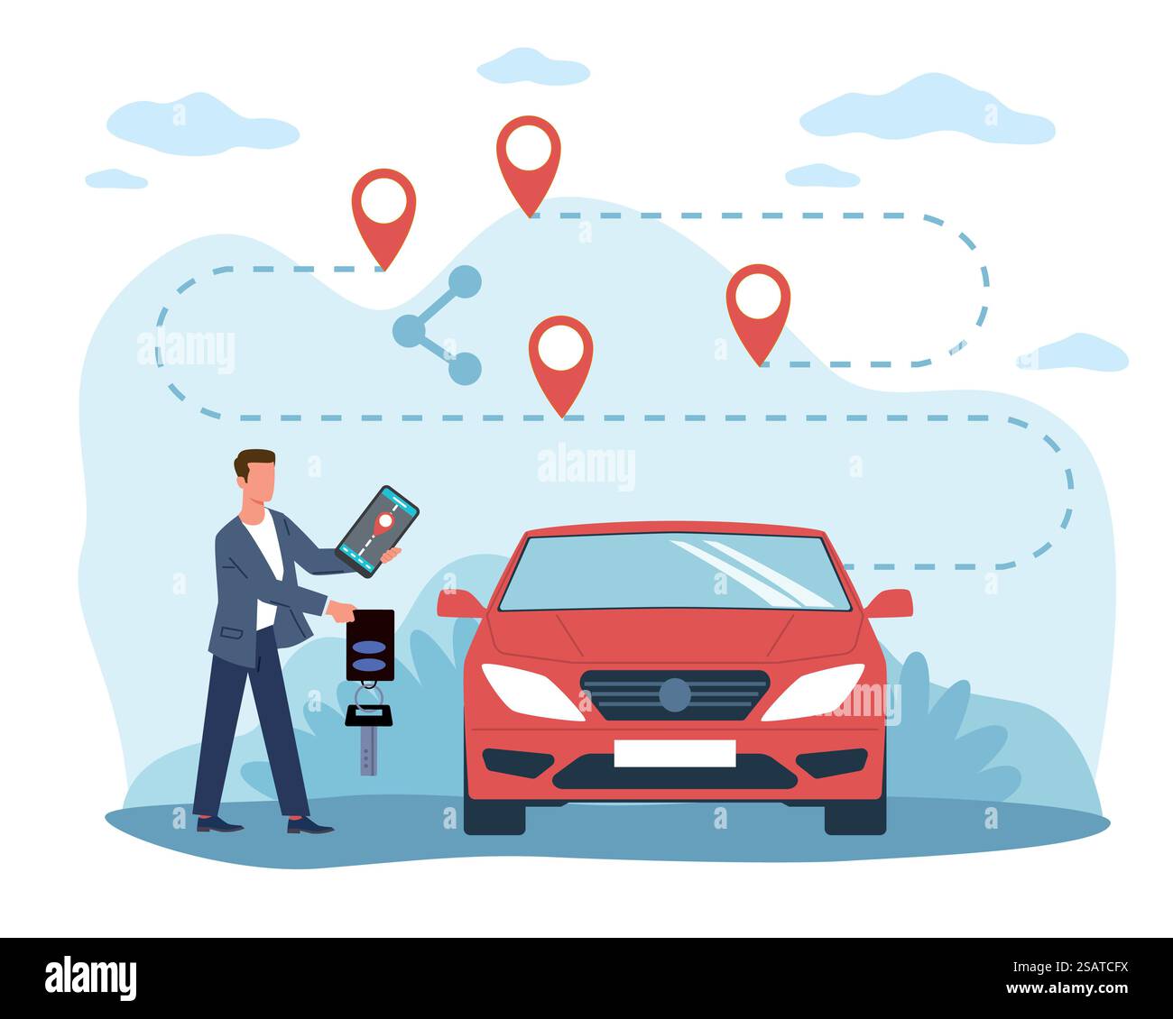 Carsharing-Service, Autovermietung. Geschäftsmann, der in der Nähe des roten Autos steht, Smartphone halten, Anwendung mit Standortmarkierung und Route, Fahrzeug ferngesteuertes Parken, Vektor-Cartoon flach isoliertes Konzept. Carsharing-Service, Autovermietung. Geschäftsmann, der in der Nähe des roten Autos steht, Smartphone halten, Anwendung mit Standortmarkierung und Route, ferngesteuertes Parken des Fahrzeugs, Vektorisoliertes Konzept Stock Vektor