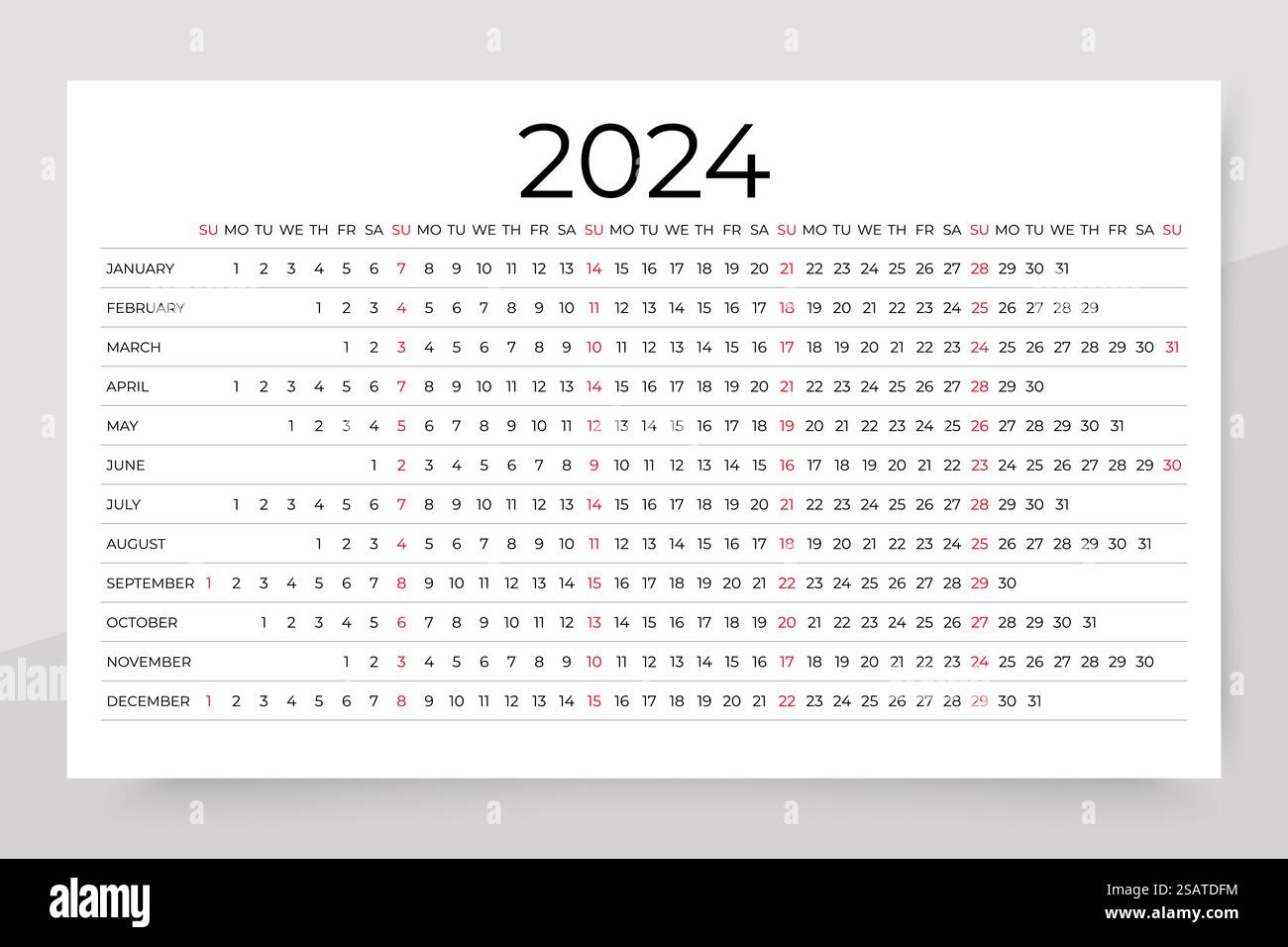Kalender 2024. Lineare horizontale Kalendervorlage. Woche beginnt Sonntag. Langjähriger Jahresplaner. Stock Vektor