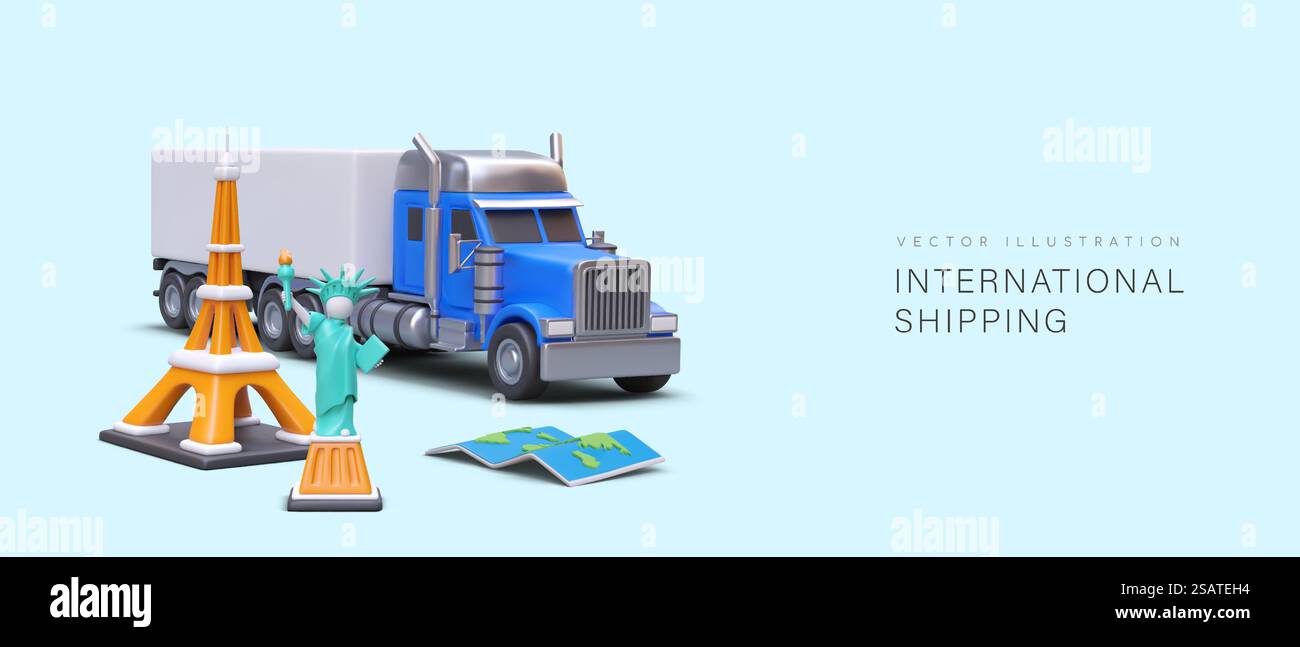Internationaler Versand. Realistischer Truck mit Anhänger, Karte, Eiffelturm, Freiheitsstatue. Lieferung von Fracht in ein anderes Land. Horizontales Poster auf blauem Hintergrund, für Text platzieren. Internationaler Versand. Realistischer Truck mit Anhänger, Karte, Eiffelturm, Freiheitsstatue Stock Vektor