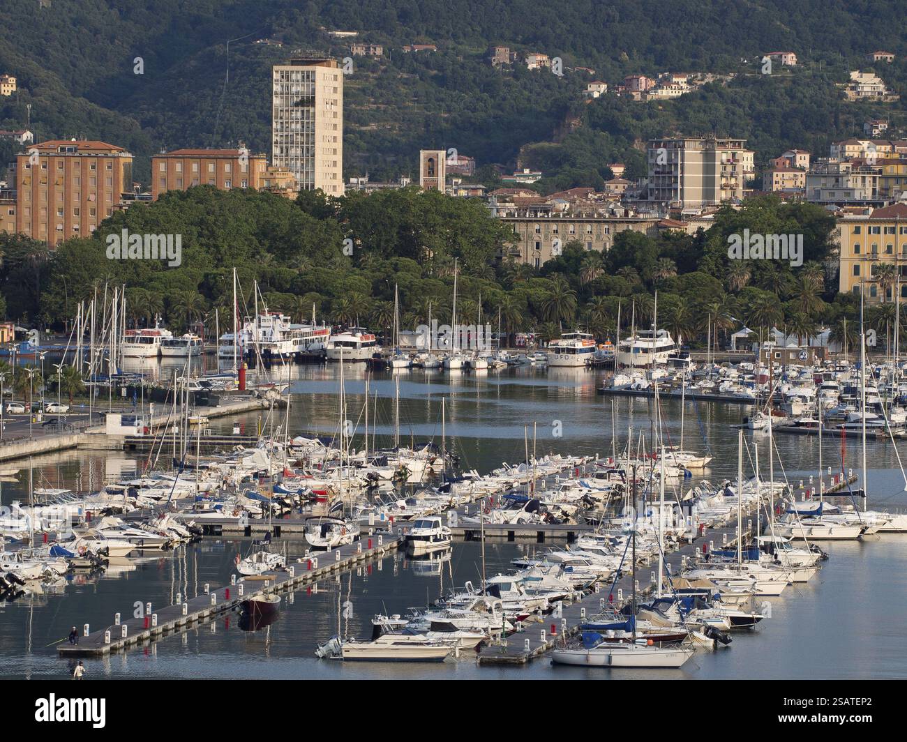 Blick auf einen belebten Hafen mit zahlreichen weißen Yachten, umgeben von grünen Hügeln und städtischer Architektur, La Spezia, Italien, Europa Stockfoto