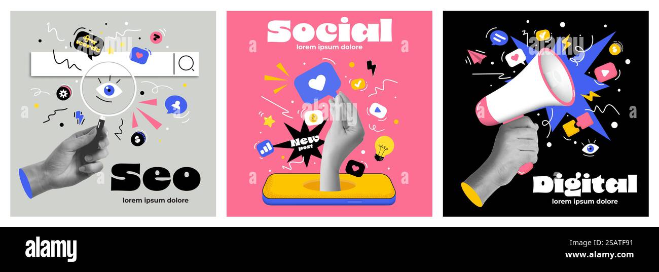 Set aus Collage-Elementen mit Marketingelementen und Händen. Moderne Illustration mit Händen, die aus dem Telefon kommen und verschiedene Gesten zeigen. Retro-Banner mit ausgeschnittenen Papierelementen. Vektorabbildung Stock Vektor