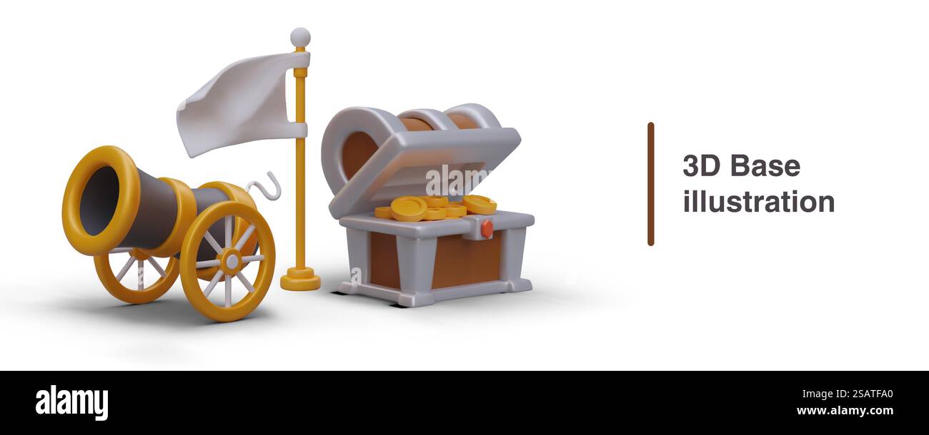 Konzept der Spielbasis. Fort, Platz zum Schutz. 3D-Radkanone, Truhe gefüllt mit Goldmünzen, Flagge. Vektorillustration mit Schatten. Spielidee. Konzept der Spielbasis. Fort, Platz zum Schutz. 3D-Radkanone, Truhe gefüllt mit Münzen, Flagge Stock Vektor