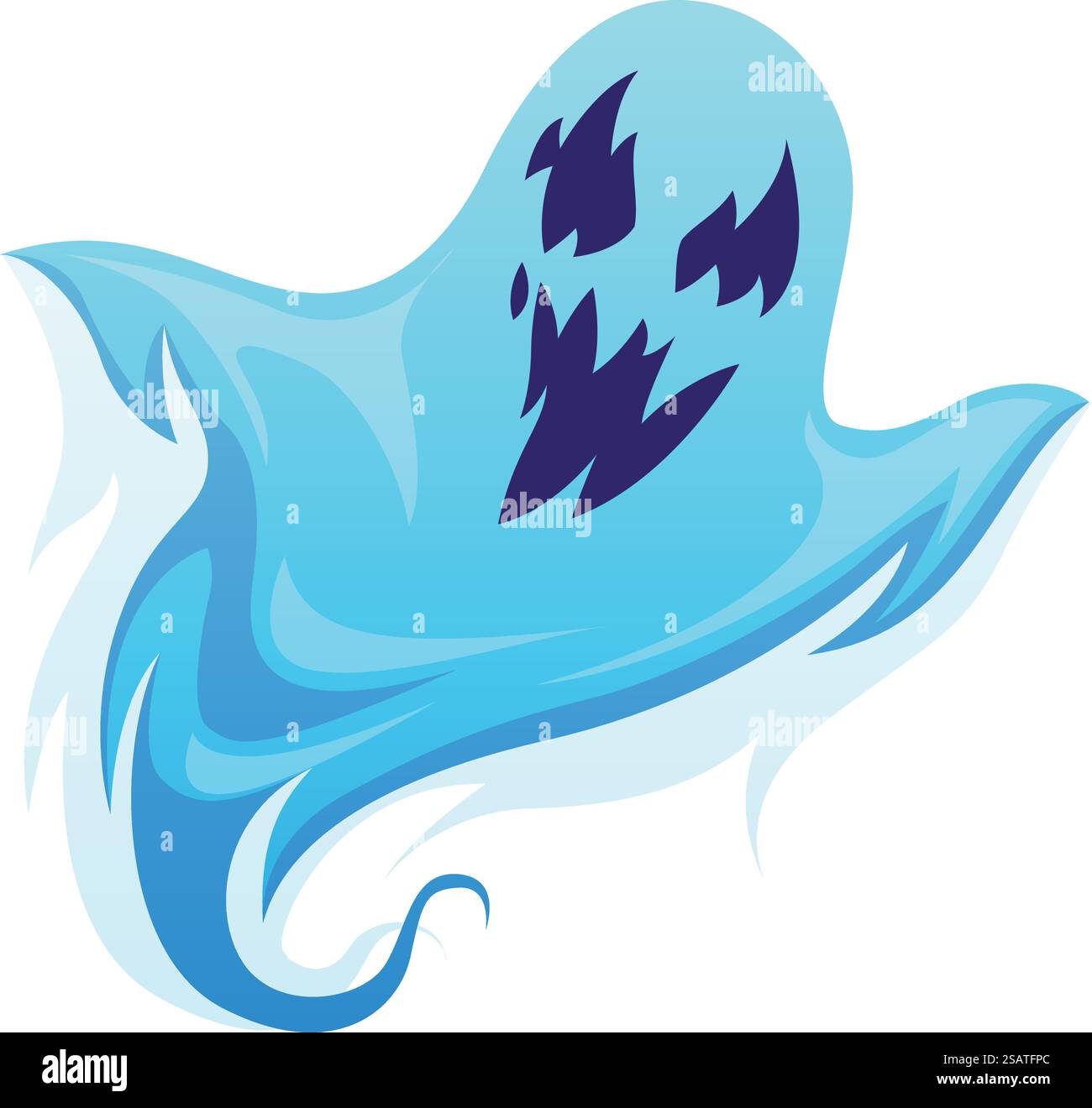 Geisterzeichen. Halloween gruseliges geisterhaftes Monster, Spoks Phantom, einfaches isoliertes Objekt, Horror Feiertagsparty Dekor, fliegende blaue Silhouette mit bösem Gesicht, Vektor-Cartoon-Albtraum-Illustration. Geisterzeichen. Halloween gruseliges geisterhaftes Monster, Spoks Phantom, einfaches isoliertes Objekt, Horror Party Dekor, fliegende blaue Silhouette mit bösem Gesicht, Vektor-Cartoon-Albtraum-Illustration Stock Vektor