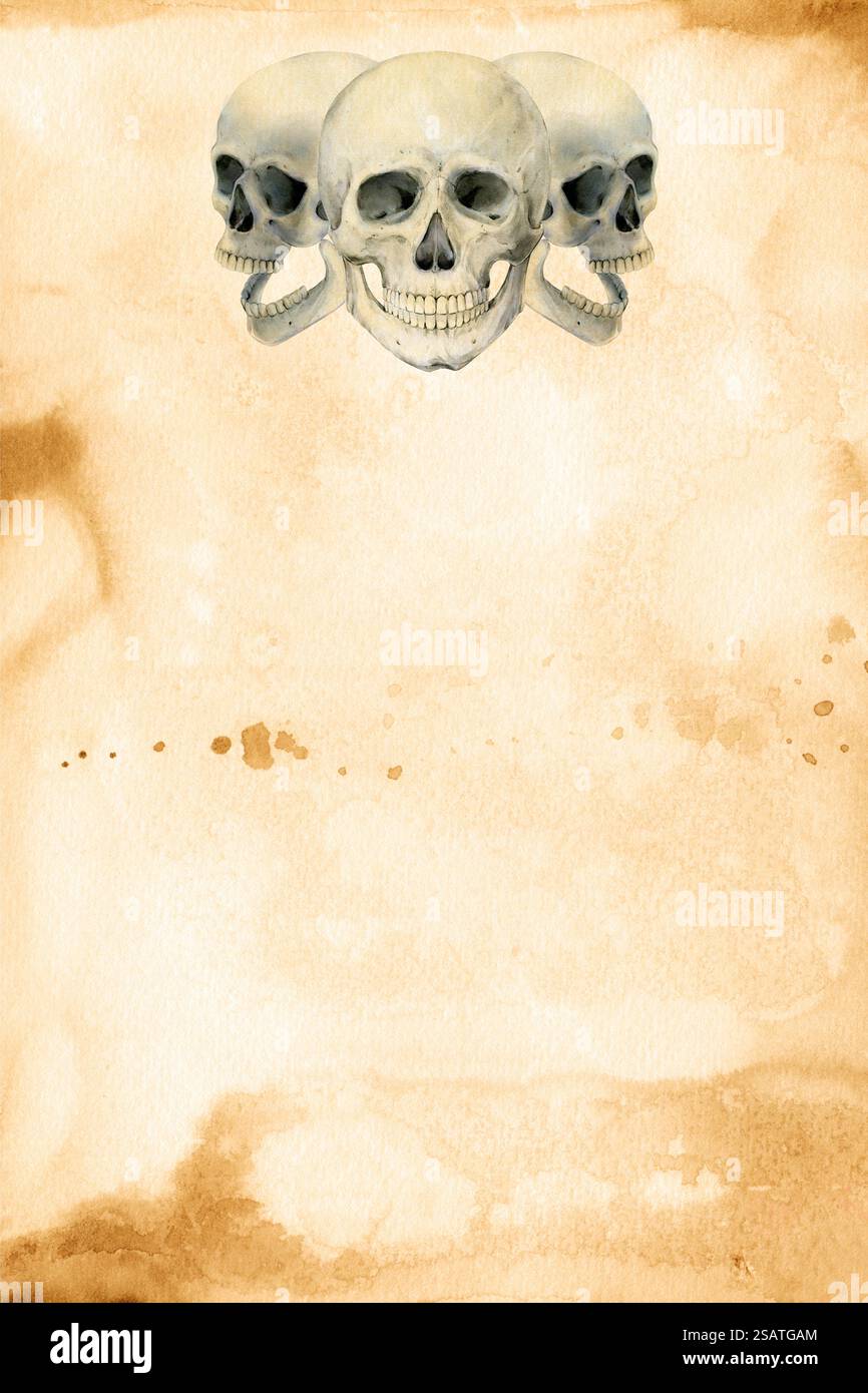 Altes gelbliches Papier mit Schädeln. Piratenmanuskript mit Flecken und Streifen. Aquarellhintergrund mit Farbtropfen, Nachahmung alter Manuskripttexturen in Sepia-Farbe. Unscharfer abstrakter Hintergrund. Stockfoto