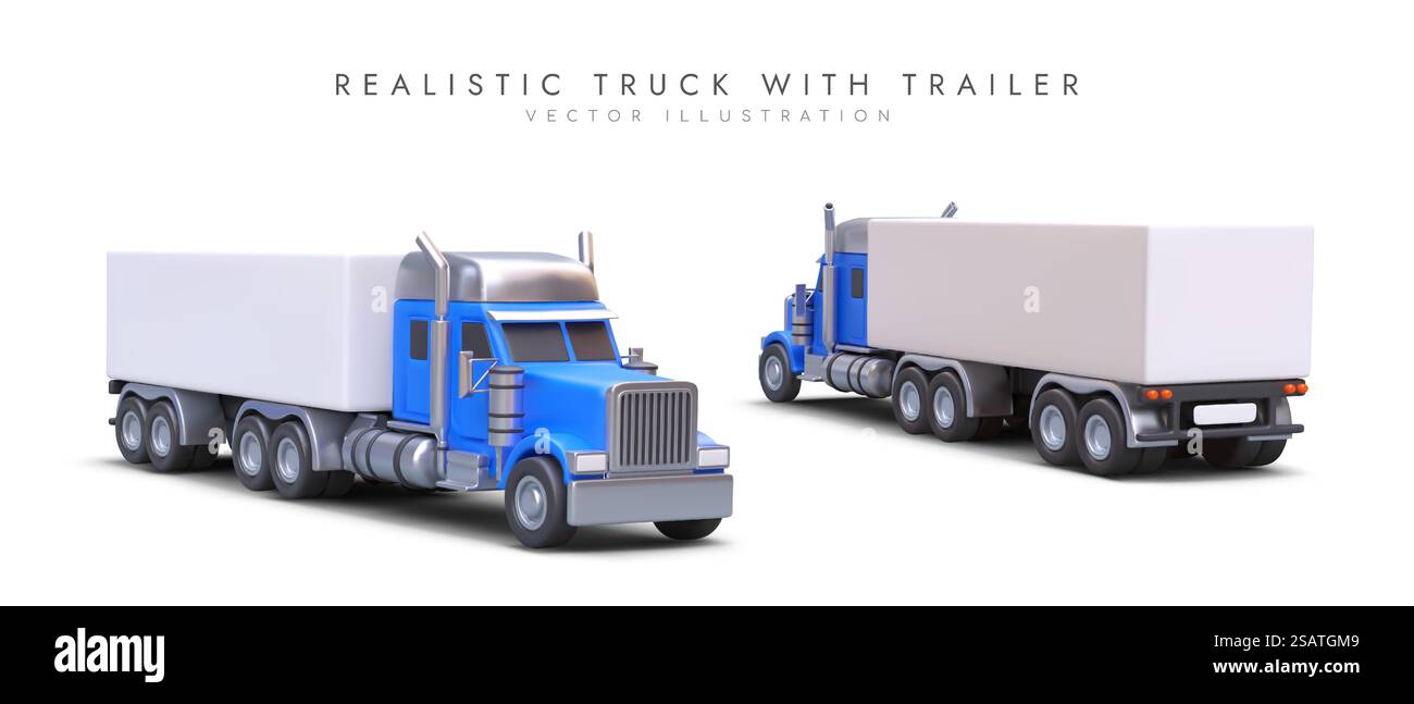 3D-Lkw mit Anhänger. Isoliertes Vektorobjekt, Ansicht von verschiedenen Seiten. Nicht markierter Körper. Illustration zur Werbung für den Güterverkehr. Farbiges Webdesign. 3D-Lkw mit Anhänger. Isoliertes Vektorobjekt, Ansicht von verschiedenen Seiten Stock Vektor