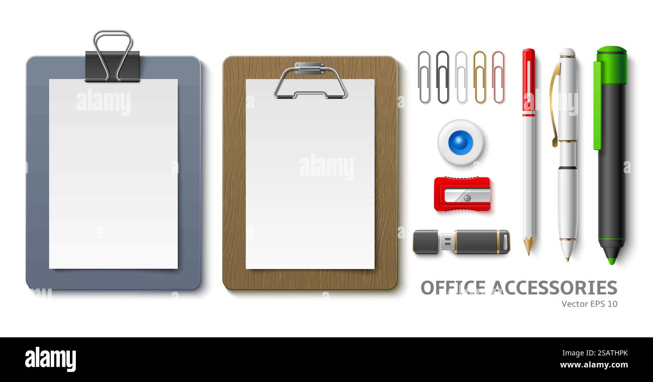 Realistische Klemmbretter für das Büro. Weiße Papierhalterungen, verschiedene Seitenhalterungen, 3D-Bürobedarf Draufsicht, Stift, Bleistift und Marker, bunte Büroklammern, Gummiband und Spitzer, Schneidevektor-Set. Realistische Klemmbretter für das Büro. Weiße Papierhalterungen, verschiedene Seitenhalterungen, 3D-Bürozubehör. Stift, Bleistift und Marker, bunte Büroklammern, Gummiband und Spitzer, utter Vektor Set Stock Vektor