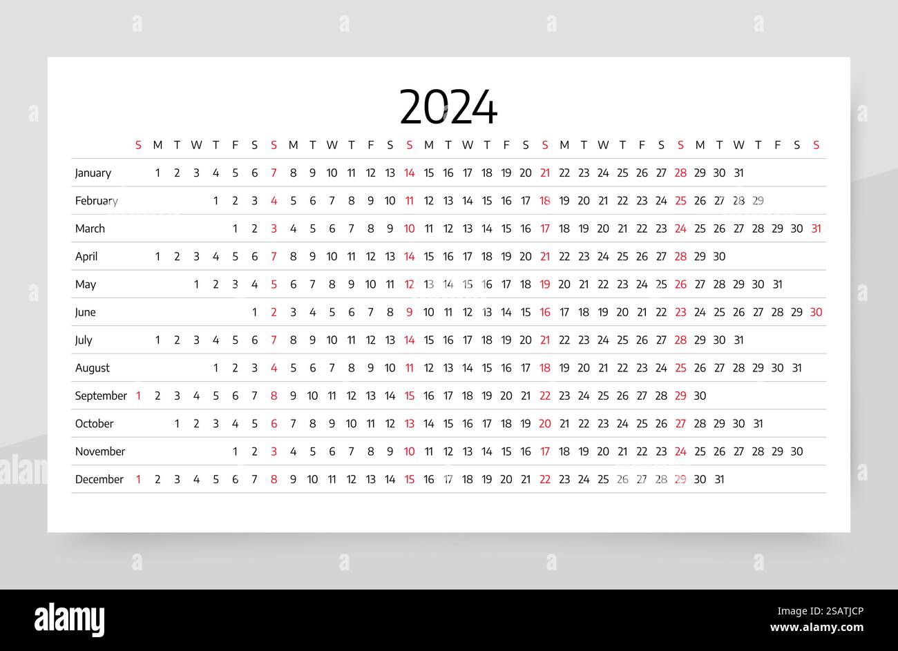 Kalenderjahr 2024. Vorlage für linearen Planer. Horizontales Jahreskalenderraster. Woche beginnt Sonntag Stock Vektor