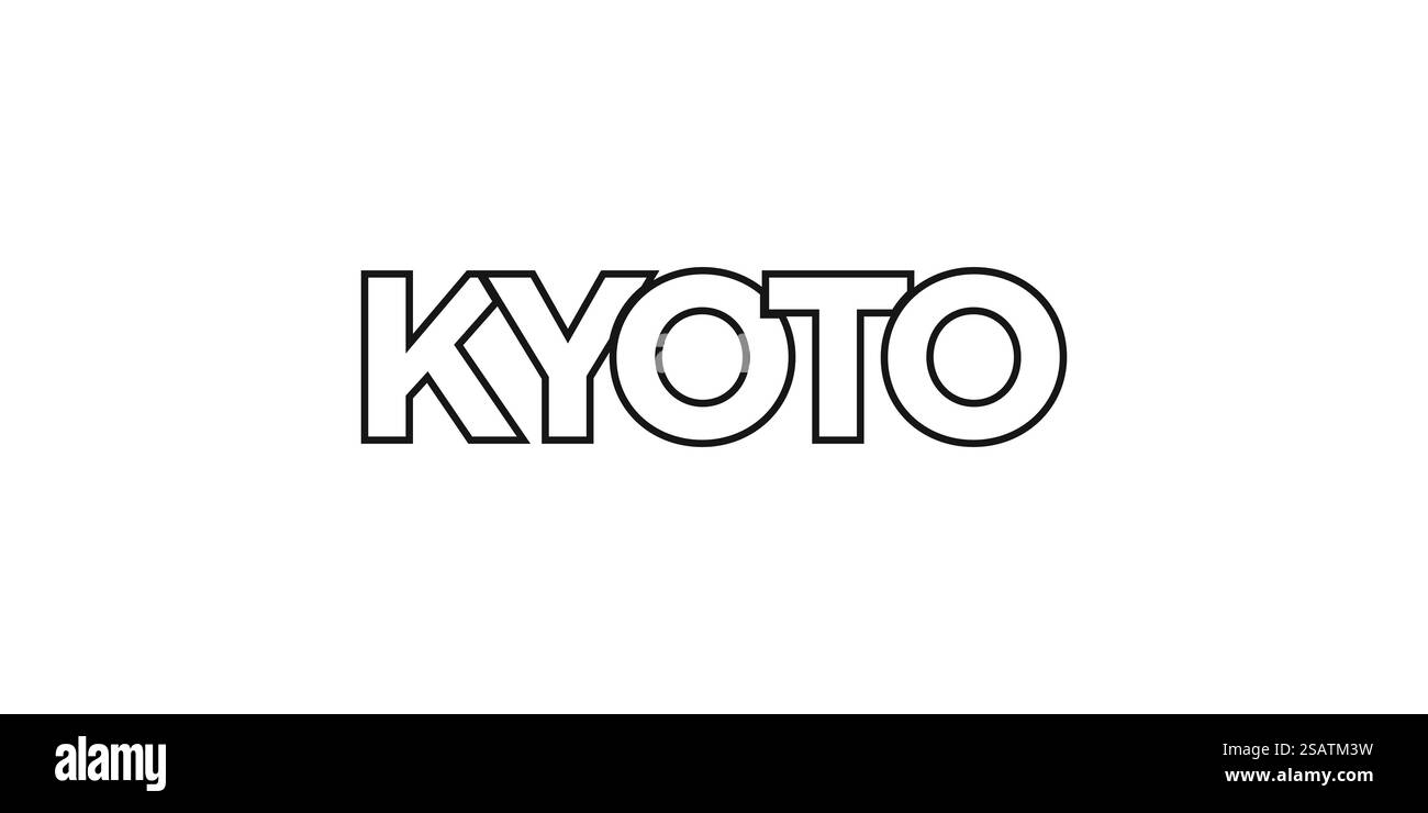 Kyoto im japanischen Emblem für Print und Web. Design mit geometrischem Stil, Vektorillustration mit auffälliger Typografie in moderner Schrift. Schriftzug mit grafischem Schriftzug auf weißem Hintergrund. Stock Vektor