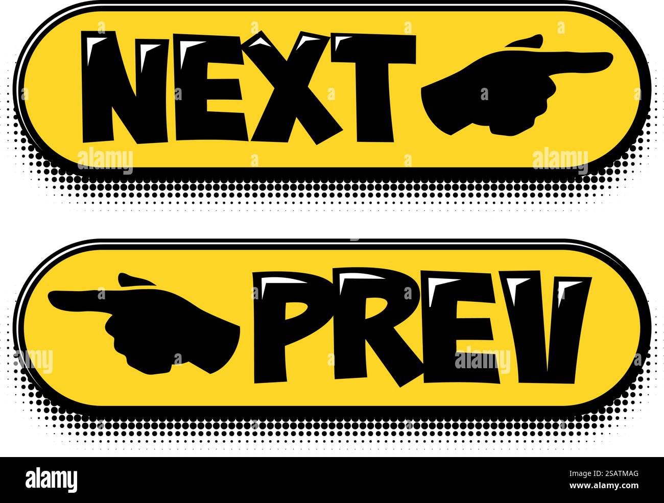 Schaltflächen „Weiter“ und „zurück“. Web-Drucktasten vor und nach mit Zeigefinger im Comic-Stil. Vektor-Zeichentrickillustration auf transparentem Hintergrund Stock Vektor