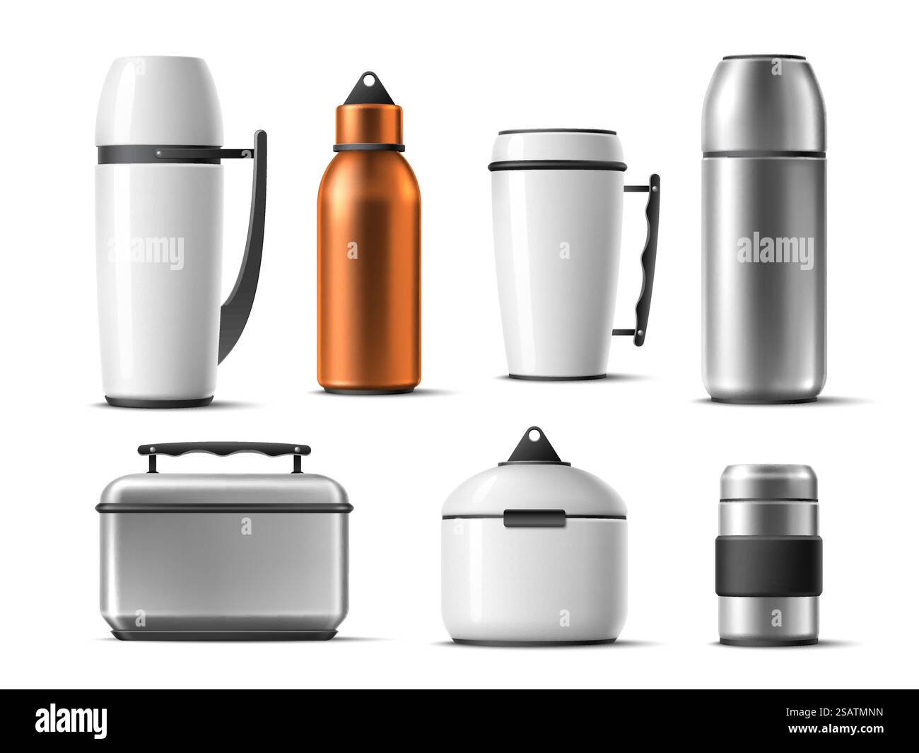 Realistische Thermoskanne. Isolierte 3D-Thermobecher, Flaschen und Lebensmittelbox, Kunststoff- und Metallflaschen, langlebige warme Getränke, Sport- und Reise-Edelstahl-Paket für Heißgetränke. Schnittvektorsatz. Realistische Thermoskanne. Isolierte 3D-Thermobecher, Flaschen und Lebensmittelbox, Kunststoff- und Metallkolben, langlebige warme Getränke, Sport- und Reisepaket für heiße Getränke. Schnittvektorsatz Stock Vektor