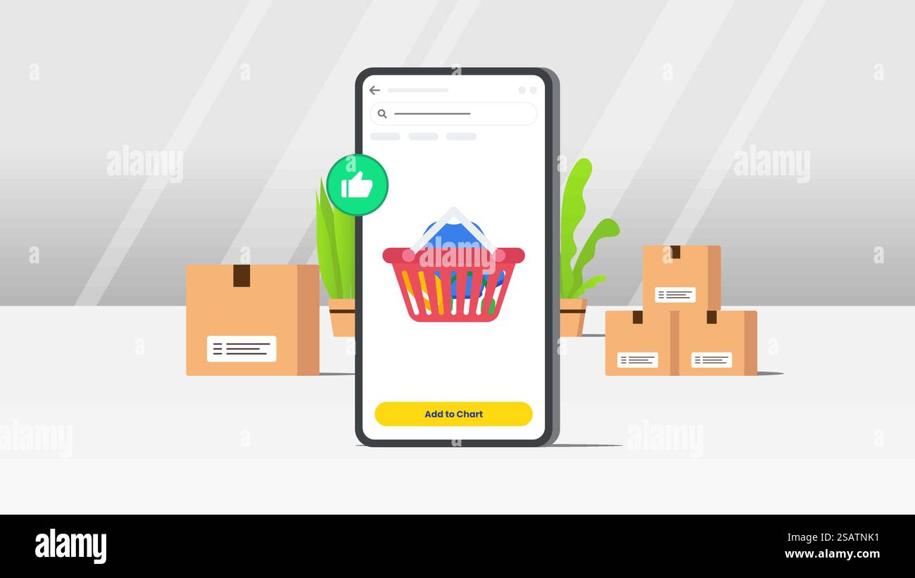 Zur Diagrammvisualisierung in der mobilen E-Commerce-Anwendung hinzufügen. Vektorillustration mit weißem grauen Hintergrund. Stock Vektor