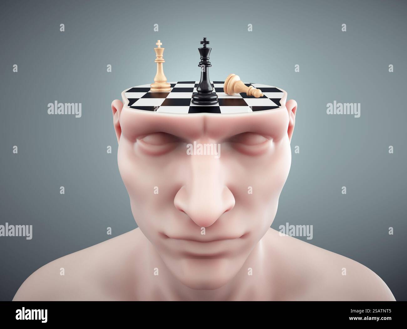 Kopf mit einem Schachbrett geschnitten. Das Konzept der Strategie und des analytischen Denkens. DIES IST EINE 3D-RENDERING-ABBILDUNG. Stockfoto