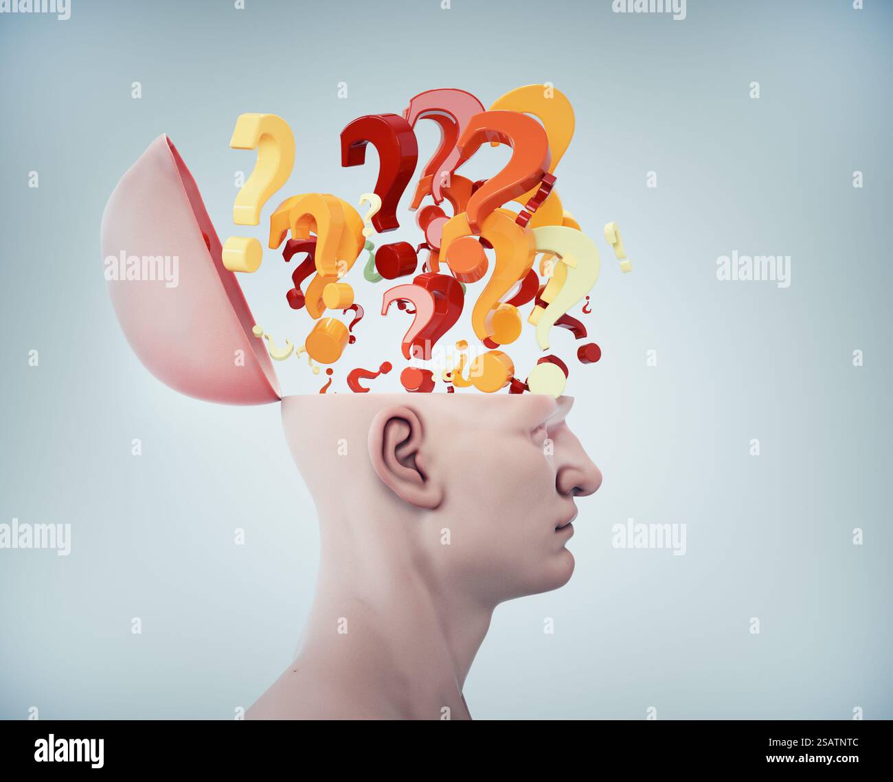 Fragezeichen fliegen vom Kopf eines Mannes. DIES IST EINE 3D-RENDERING-ABBILDUNG. Stockfoto