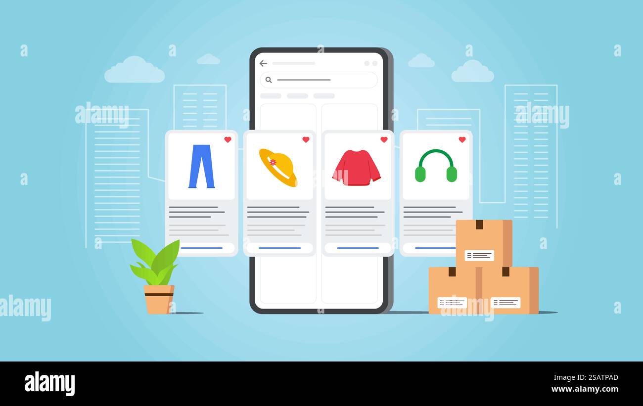 Mobile E Commerce-Anwendung. Wunschliste in der mobilen E-Commerce-App. Vektorillustration mit blauem Hintergrund. Stock Vektor