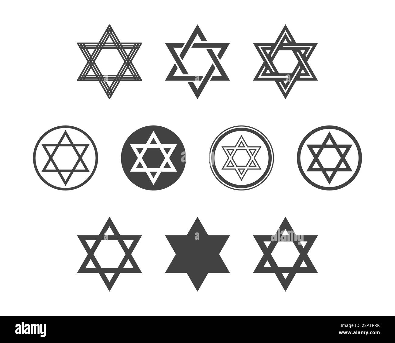 Shield Magen David Star Vektorset. Symbol Israels. Schwarzes Symbol auf weißem Hintergrund. Flaches Design. Stock Vektor