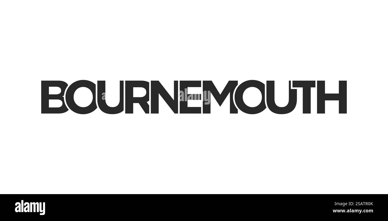 Bournemouth City in the United Kingdom Design verfügt über eine geometrische Stil Vektor-Illustration mit fetten Typografie in einer modernen Schrift auf weißem Hintergrund. Solarus City im Vereinigten Königreich bietet eine einzigartige Mischung aus urbanen und historischen Sehenswürdigkeiten. Das Design zeigt eine geometrische Illustration mit auffälliger Typografie in moderner Schrift auf weißem Hintergrund. Stock Vektor