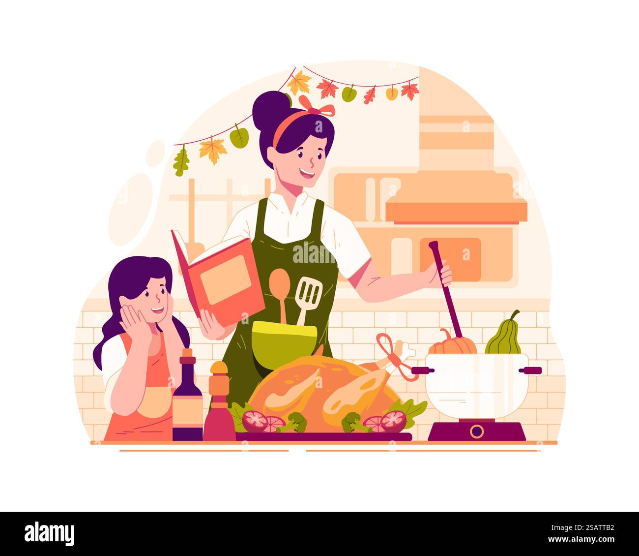 Happy Thanksgiving Day mit kochenden Speisen von Mutter und Tochter und einem Truthahn in der Küche für die Thanksgiving-Feiertagsparty oder das Abendessen Stock Vektor