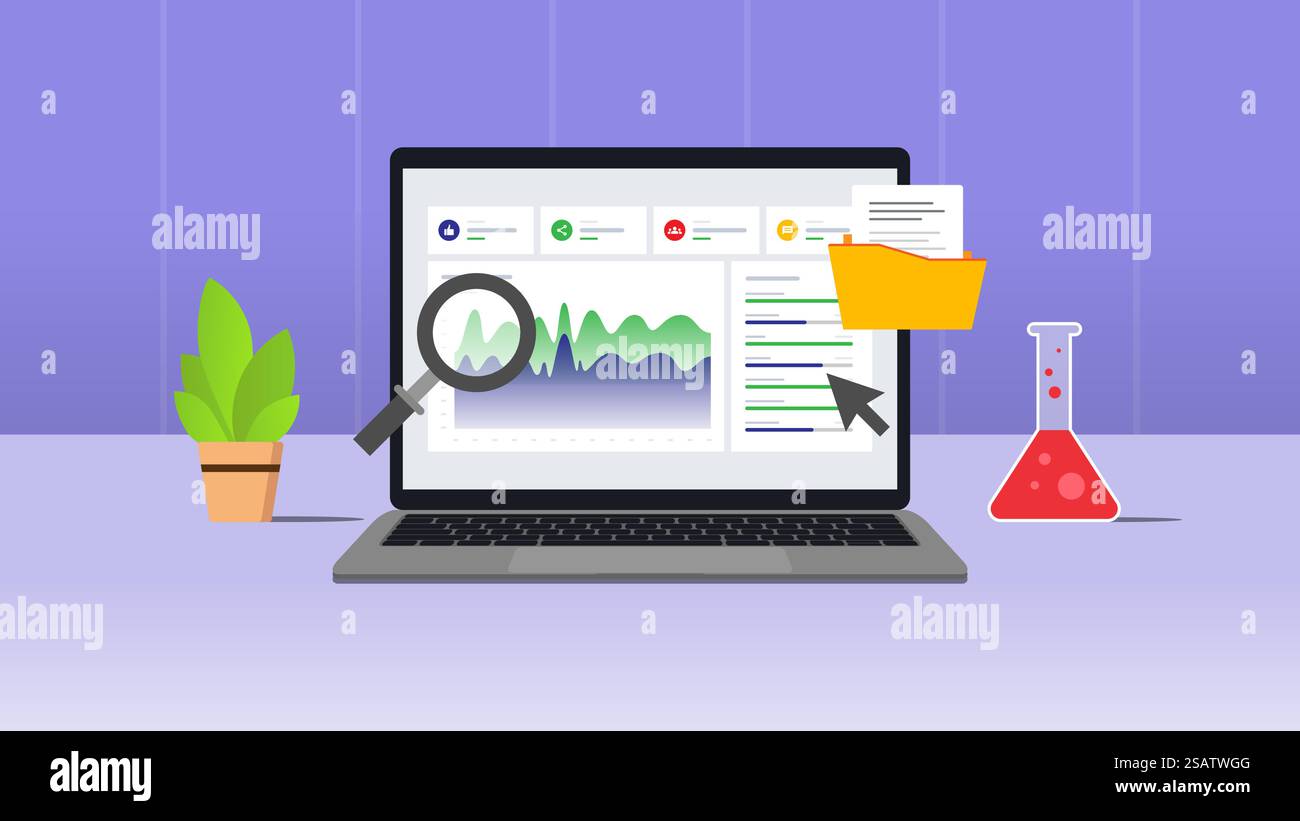 Datenvisualisierung der E-Commerce-Marktforschung am Laptop. Vektorillustration mit violettem Hintergrund Stock Vektor