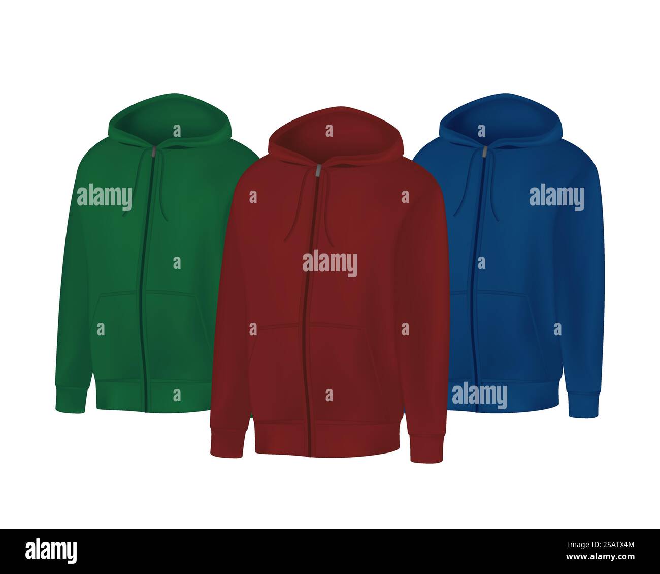 Weißes grünes, rotes, blaues Herren Hoodie Sweatshirt Langarm. Kapuzenpullover mit Kapuze, Vorderansicht. Vektorvorlage Sport Winterkleidung für Design Modell, Druck, isoliert auf weißem Hintergrund Stock Vektor