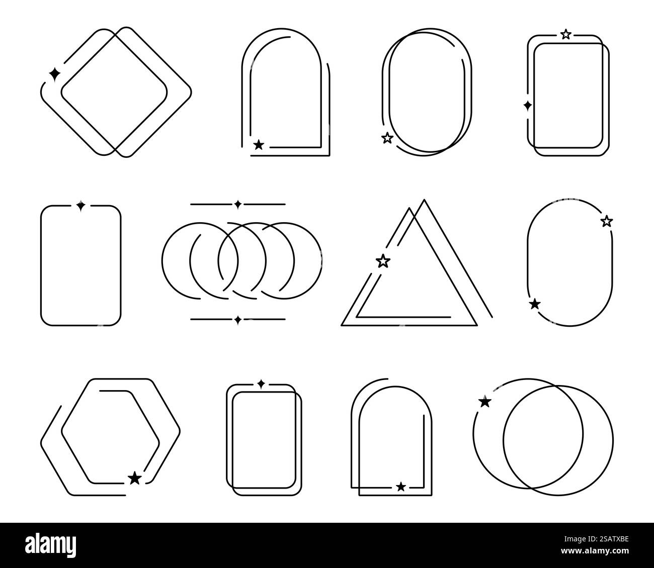 Icon-Kollektion mit glitzernden Sternen. Geometrische Rahmen mit funkelnden Sternen. Set von Feiertagssternen. Bildersammlung mit verschiedenen Sternen Stock Vektor