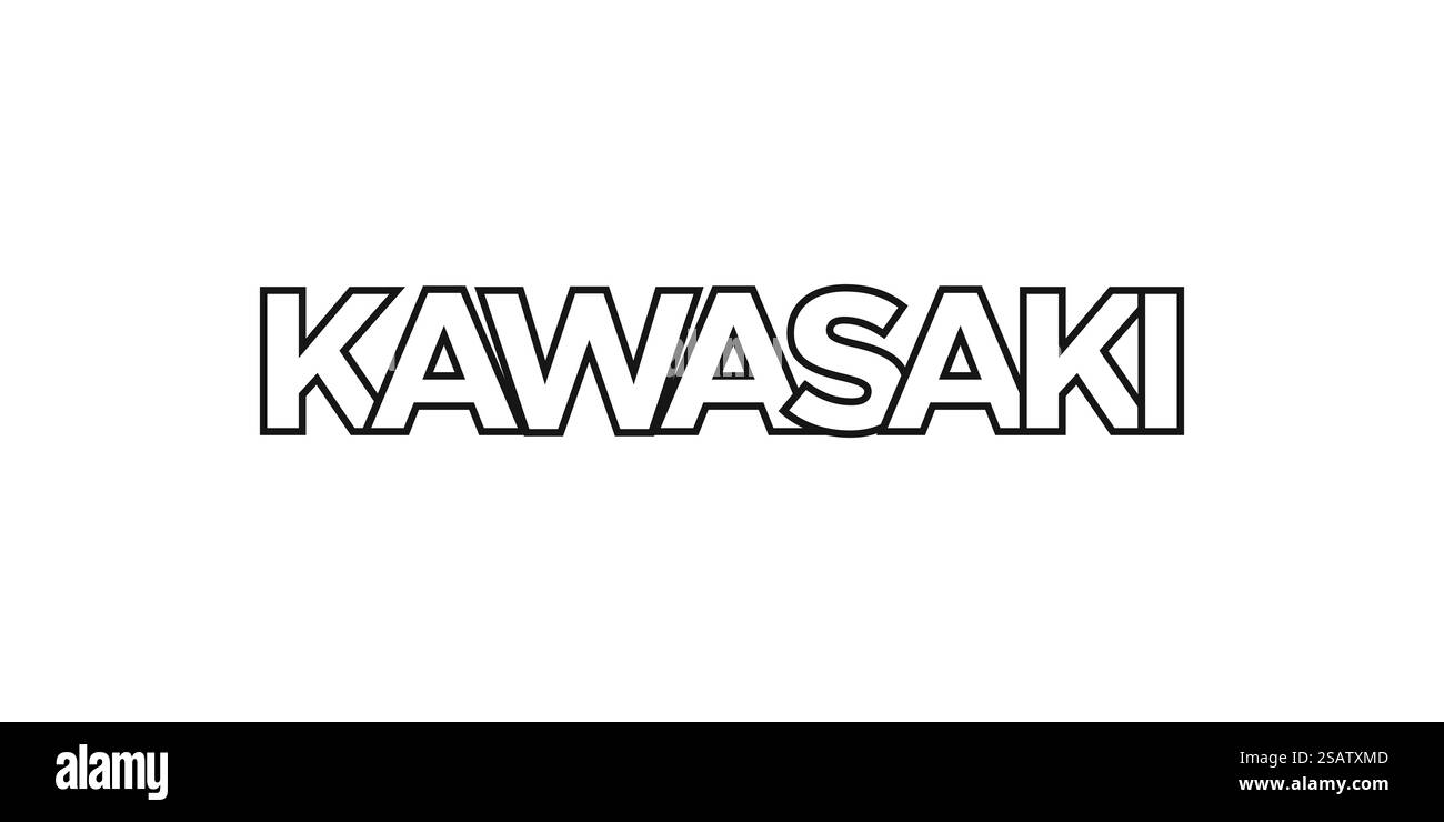 Kawasaki im japanischen Emblem für Print und Web. Design mit geometrischem Stil, Vektorillustration mit auffälliger Typografie in moderner Schrift. Schriftzug mit grafischem Schriftzug auf weißem Hintergrund. Stock Vektor