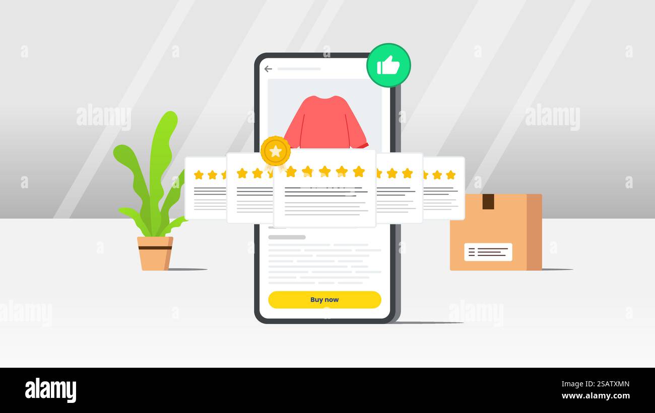 Geprüfte Kundenrezensionen. Echtes Feedback für Vertrauen und Zufriedenheit E-Commerce-Konzept. Vektorillustration mit weißem grauen Hintergrund. Stock Vektor