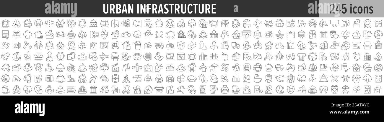 Lineare Symbolsammlung für Urban Infrastructure. Große Auswahl an 245 Symbolen für die städtische Infrastruktur. Sammlung dünner Linien. Vektorabbildung Stock Vektor
