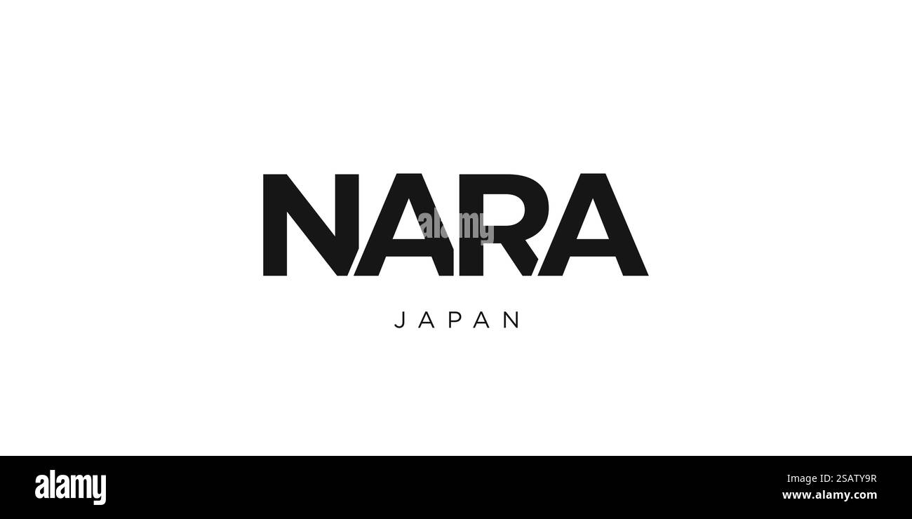 Nara im japanischen Emblem für Print und Web. Design mit geometrischem Stil, Vektorillustration mit auffälliger Typografie in moderner Schrift. Schriftzug mit grafischem Schriftzug auf weißem Hintergrund. Stock Vektor