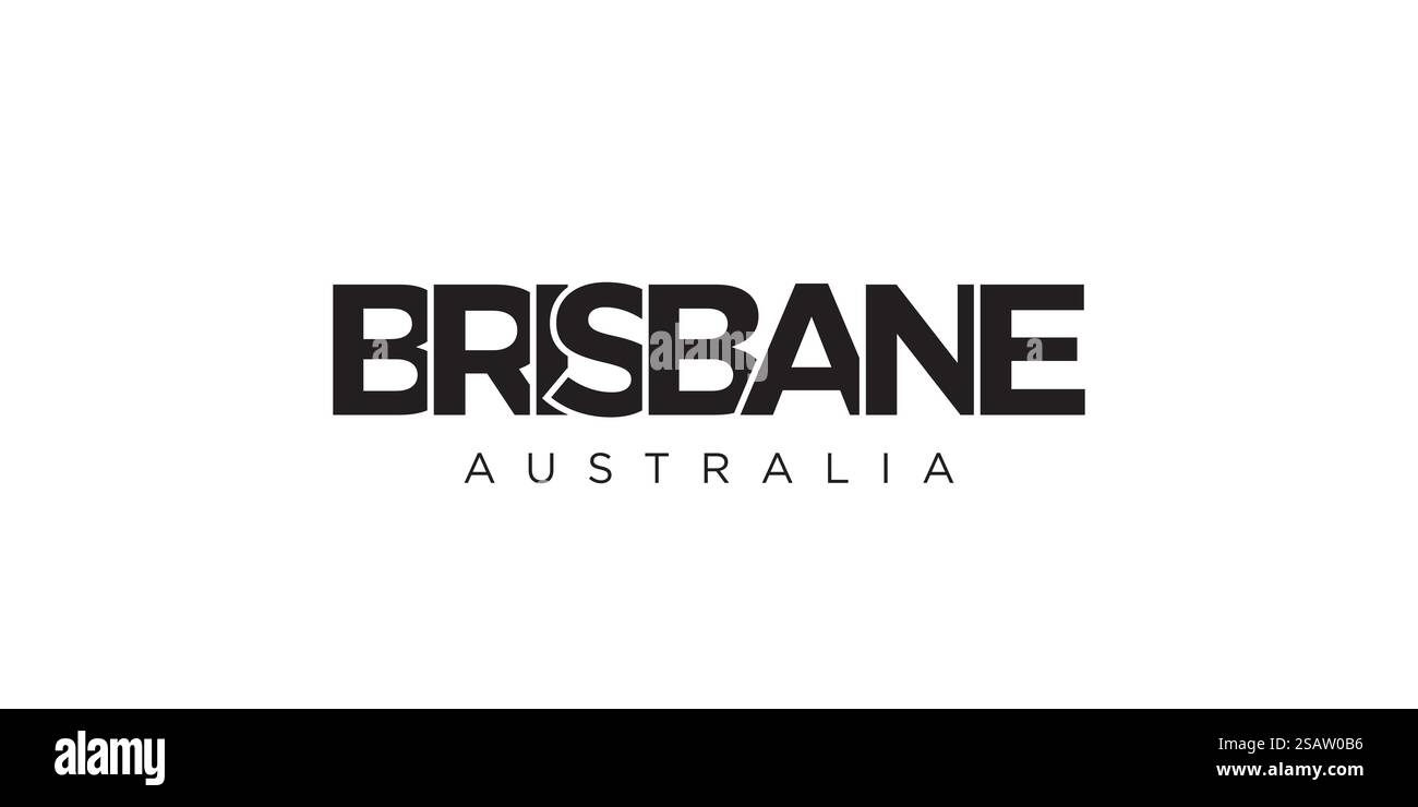 Brisbane im australischen Emblem für Print und Web. Design mit geometrischem Stil, Vektorillustration mit auffälliger Typografie in moderner Schrift. Schriftzug mit grafischem Schriftzug isoliert auf weißem Hintergrund. Brisbane im australischen Emblem. Das Design verfügt über einen geometrischen Stil, Vektorillustration mit auffälliger Typografie in einer modernen Schriftart. Der grafische Schriftzug. Stock Vektor