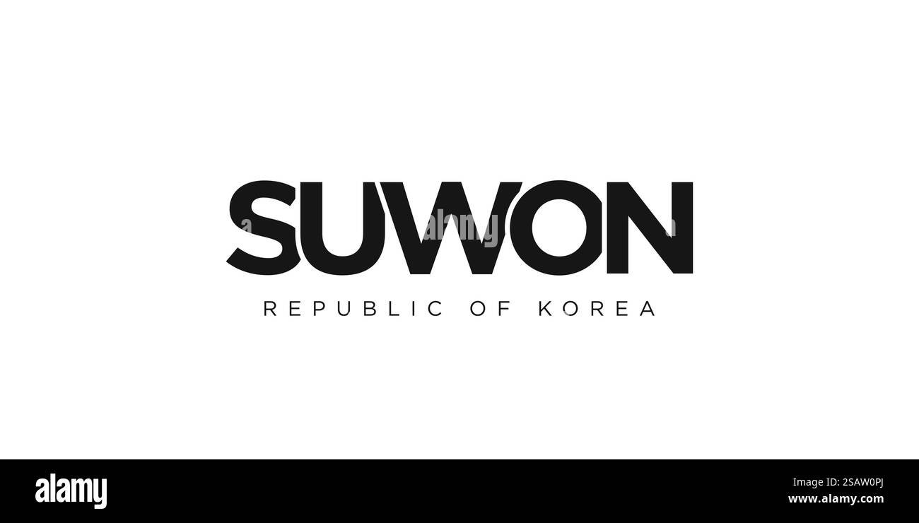 Suwon im Korea-Emblem für Print und Web. Design mit geometrischem Stil, Vektorillustration mit auffälliger Typografie in moderner Schrift. Schriftzug mit grafischem Schriftzug auf weißem Hintergrund. Stock Vektor