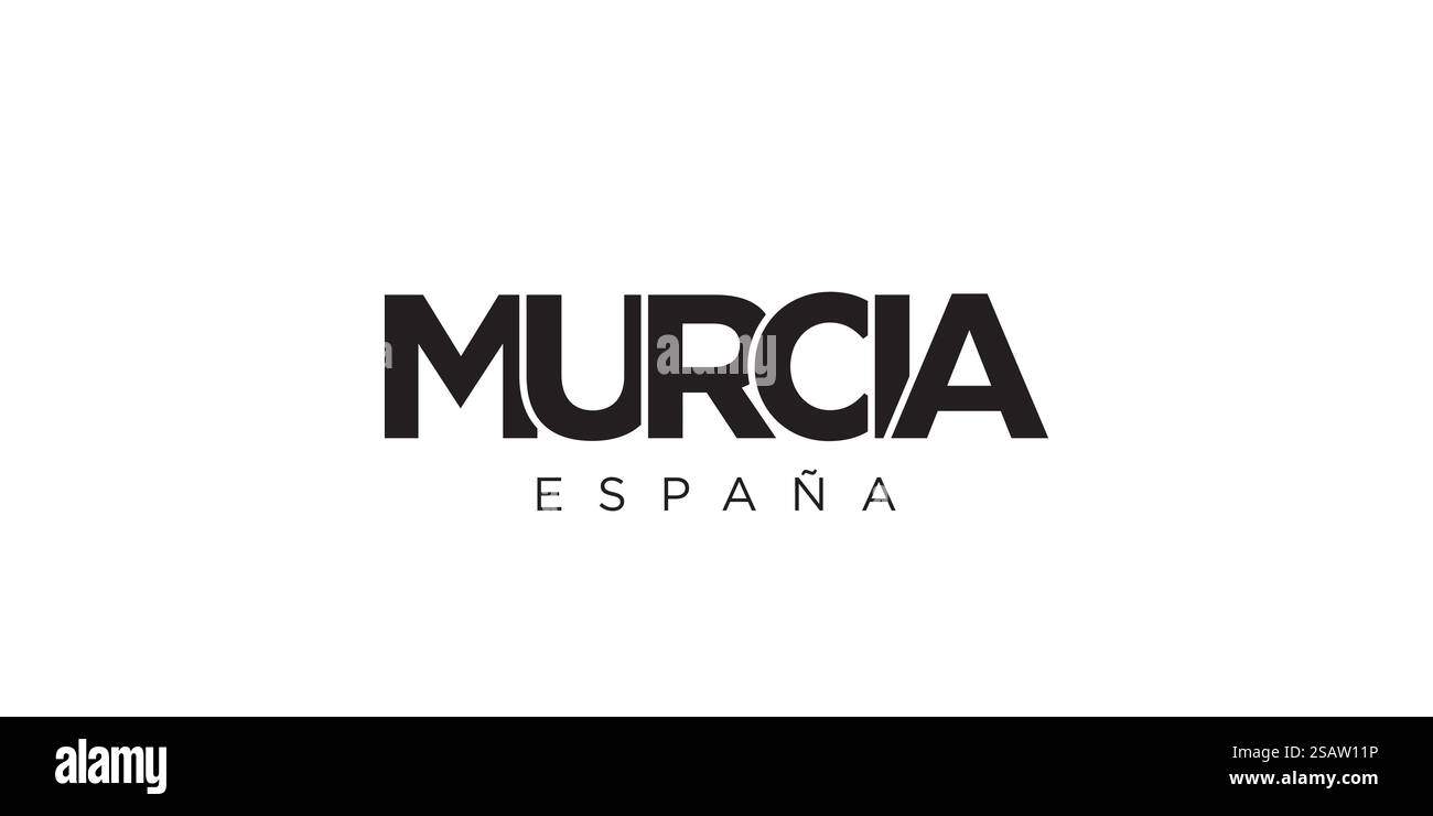 Murcia im spanischen Emblem für Print und Web. Design mit geometrischem Stil, Vektorillustration mit auffälliger Typografie in moderner Schrift. Schriftzug mit grafischem Schriftzug auf weißem Hintergrund. Stock Vektor