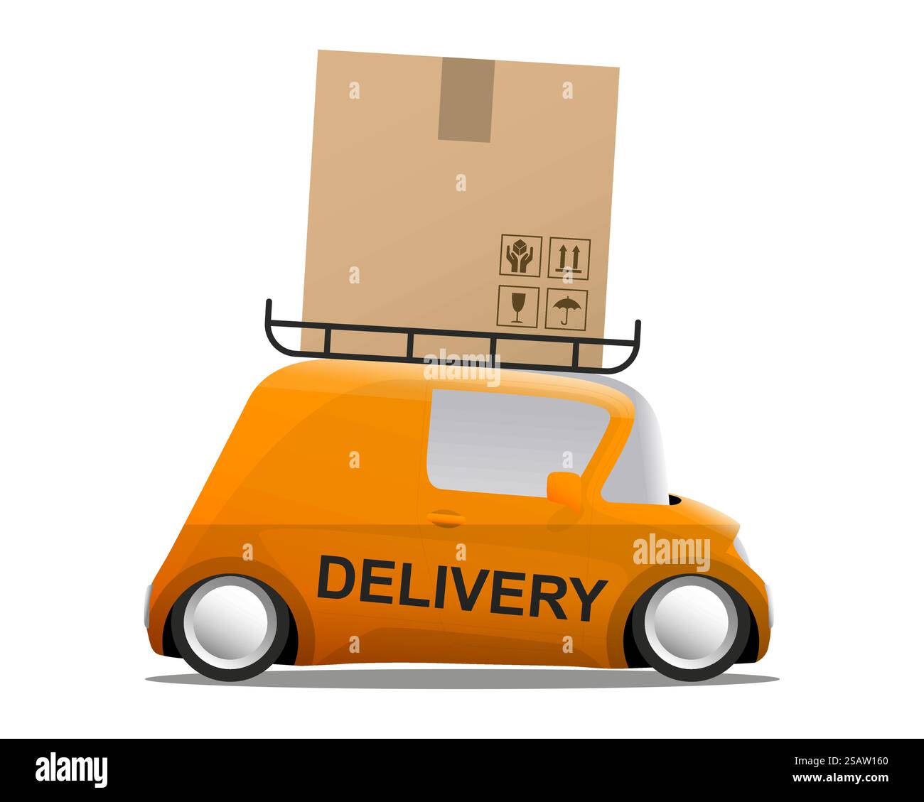 Lieferung orange Mini Cartoon Auto mit einer Box, Vektor-Illustration. Lieferung orangefarbener Mini-Cartoon-Wagen mit Box Stock Vektor