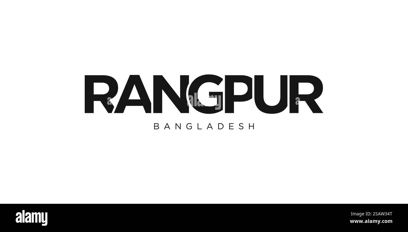 Rangpur im Bangladesch-Emblem für Print und Web. Design mit geometrischem Stil, Vektorillustration mit auffälliger Typografie in moderner Schrift. Schriftzug mit grafischem Schriftzug auf weißem Hintergrund. Stock Vektor