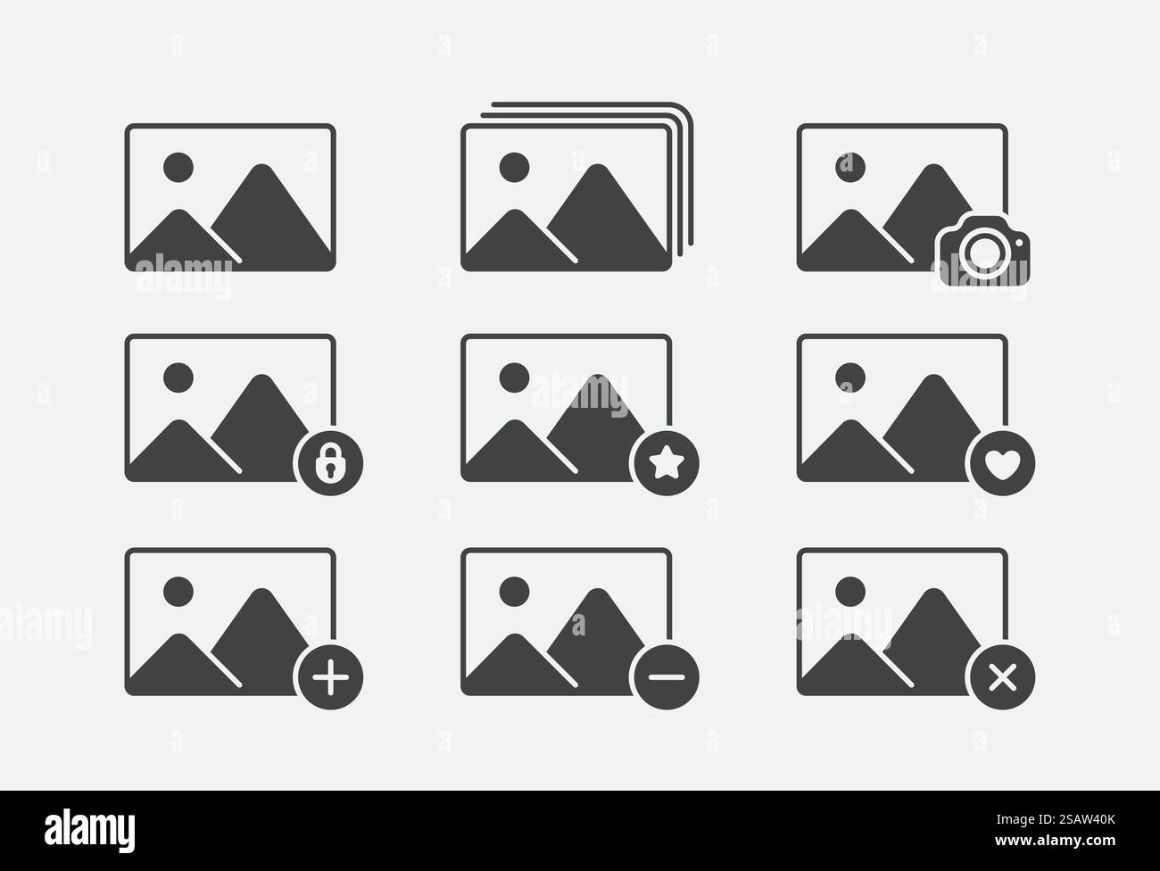 Satz von Symbolen für die Bildergalerie. Vector Collection – digitales Fotoalbum-Design. Symbol „Bild bearbeiten“, „Löschen“, „Hinzufügen“, „Favorit“. Stock Vektor