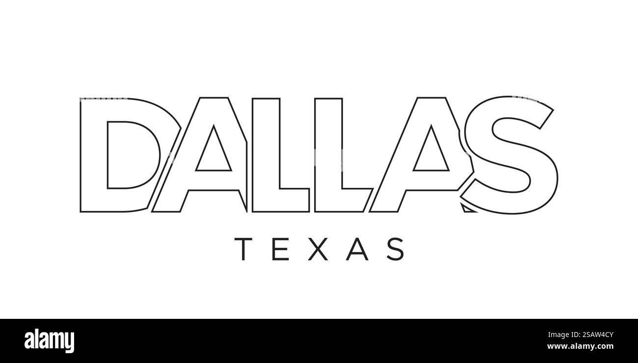 Design mit Typografie-Schriftzug in Dallas, Texas, USA. Amerika-Logo mit grafischem Stadtschriftzug für Print- und Webprodukte. Design mit Typografie-Schriftzug in Dallas, Texas, USA. Amerika-Logo mit grafischem Stadtschriftzug für Print und Web. Stock Vektor
