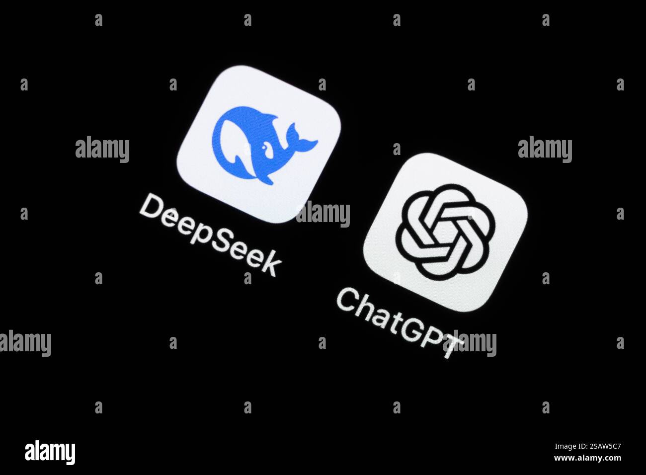 Die Applikation App des chinesischen Startups DeepSeek und des US-amerikanischen Softwareunternehmens OpenAI ChatGPT ist auf dem Display eines iPhone zu sehen. Rottweil Baden-Württemberg Deutschland *** die App des chinesischen Start-ups DeepSeek und des US-amerikanischen Softwareunternehmens OpenAI ChatGPT ist auf dem Display eines iPhone Rottweil Baden Württemberg zu sehen Stockfoto