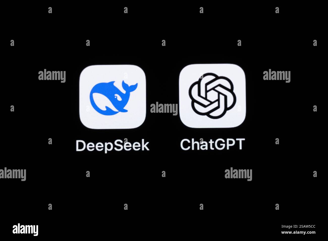 Die Applikation App des chinesischen Startups DeepSeek und des US-amerikanischen Softwareunternehmens OpenAI ChatGPT ist auf dem Display eines iPhone zu sehen. Rottweil Baden-Württemberg Deutschland *** die App des chinesischen Start-ups DeepSeek und des US-amerikanischen Softwareunternehmens OpenAI ChatGPT ist auf dem Display eines iPhone Rottweil Baden Württemberg zu sehen Stockfoto