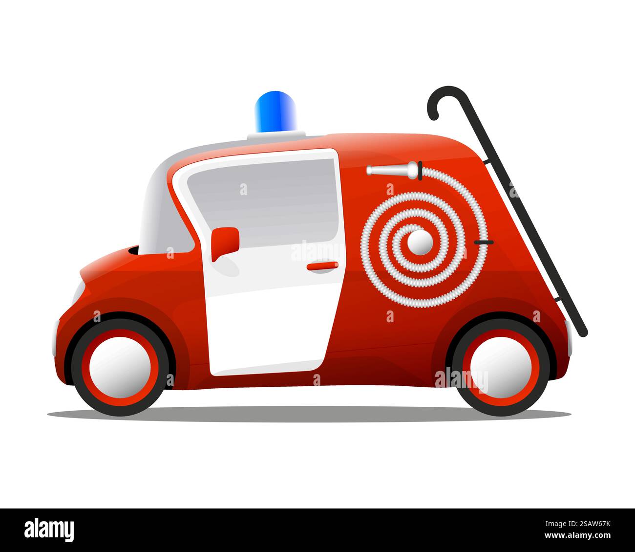 Mini-Cartoon rote Feuerwehrauto Feuerwehrmann, Vektor-Illustration. Roter Feuerwehrwagen mit Mini-Cartoon Stock Vektor