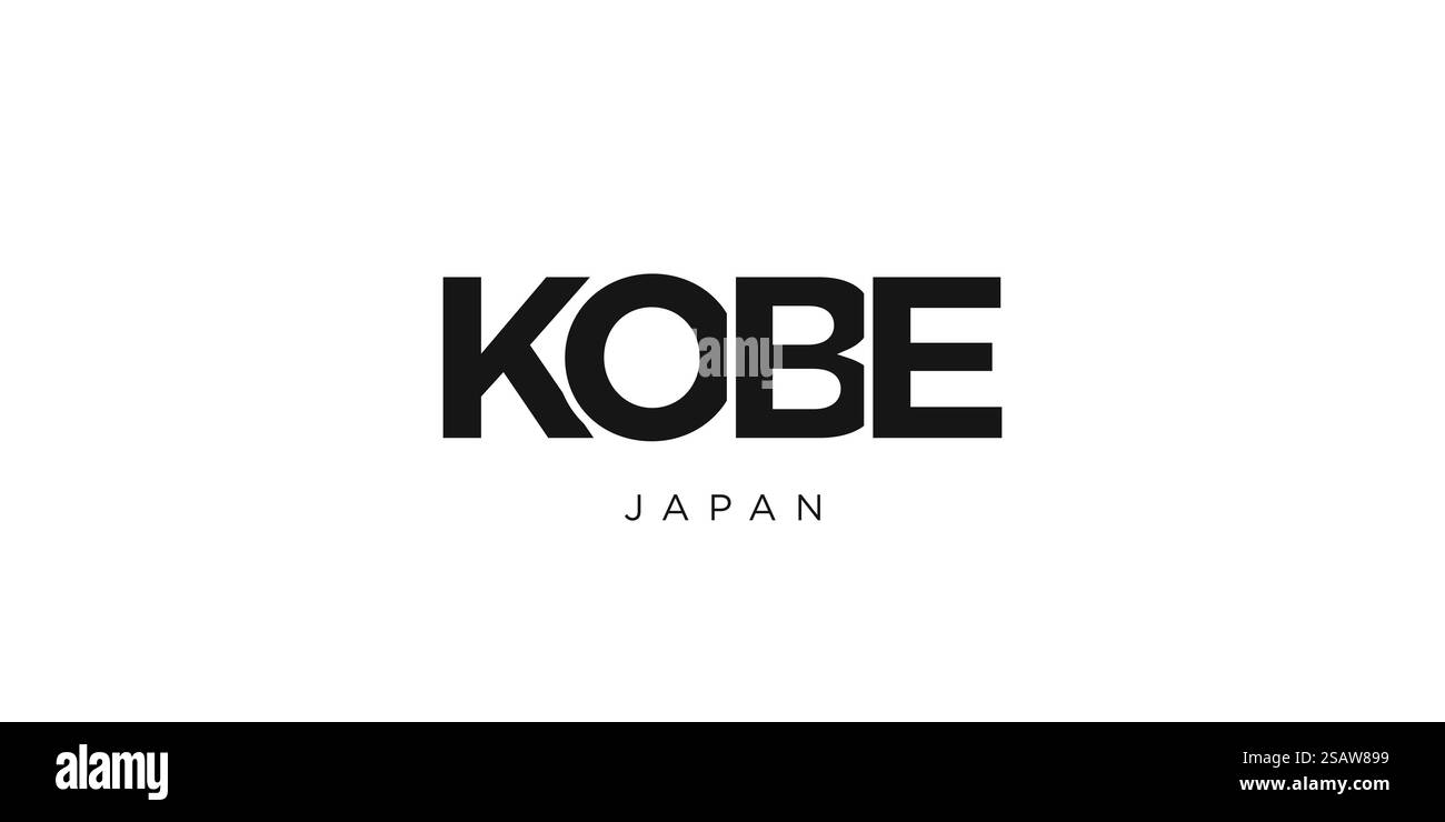 Kobe im japanischen Emblem für Print und Web. Design mit geometrischem Stil, Vektorillustration mit auffälliger Typografie in moderner Schrift. Schriftzug mit grafischem Schriftzug auf weißem Hintergrund. Stock Vektor