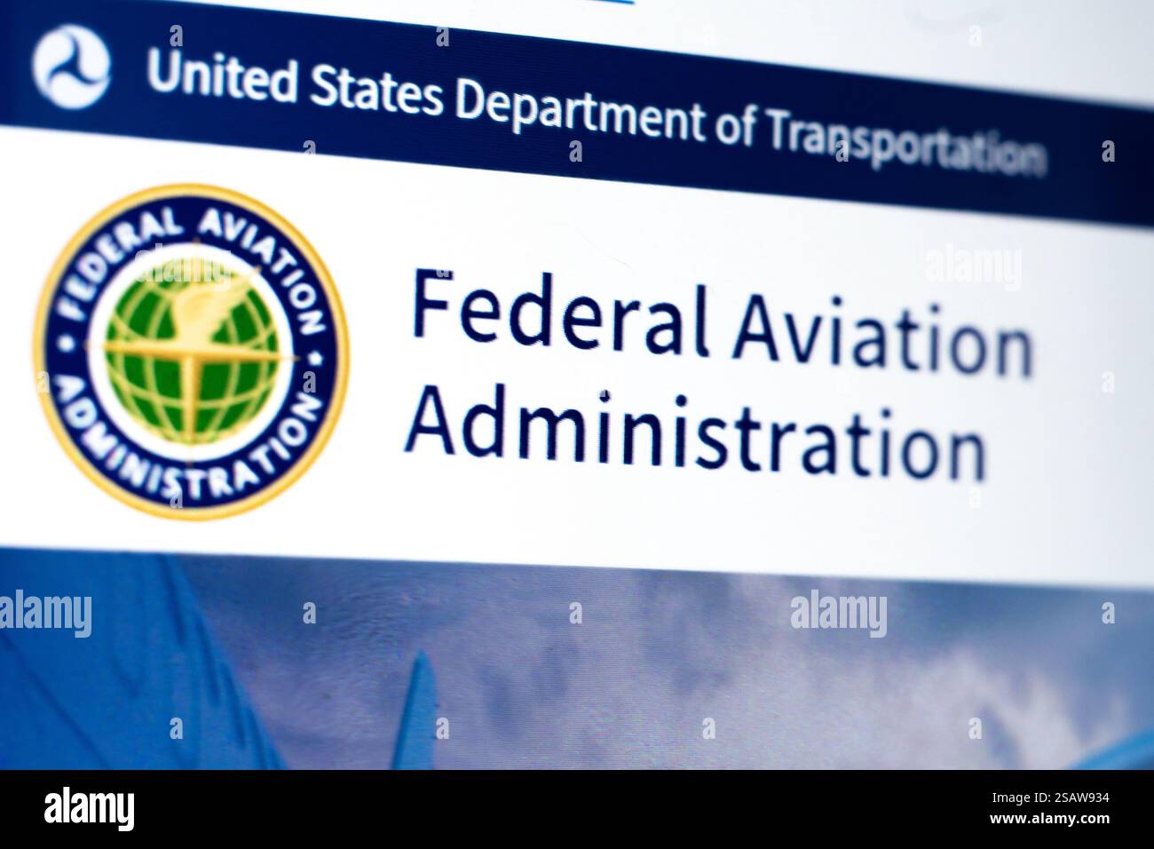 Die Federal Aviation Administration, die sich auf die Gewährleistung der Sicherheit in der Zivilluftfahrt konzentriert, arbeitet unter dem US-Verkehrsministerium. Stockfoto