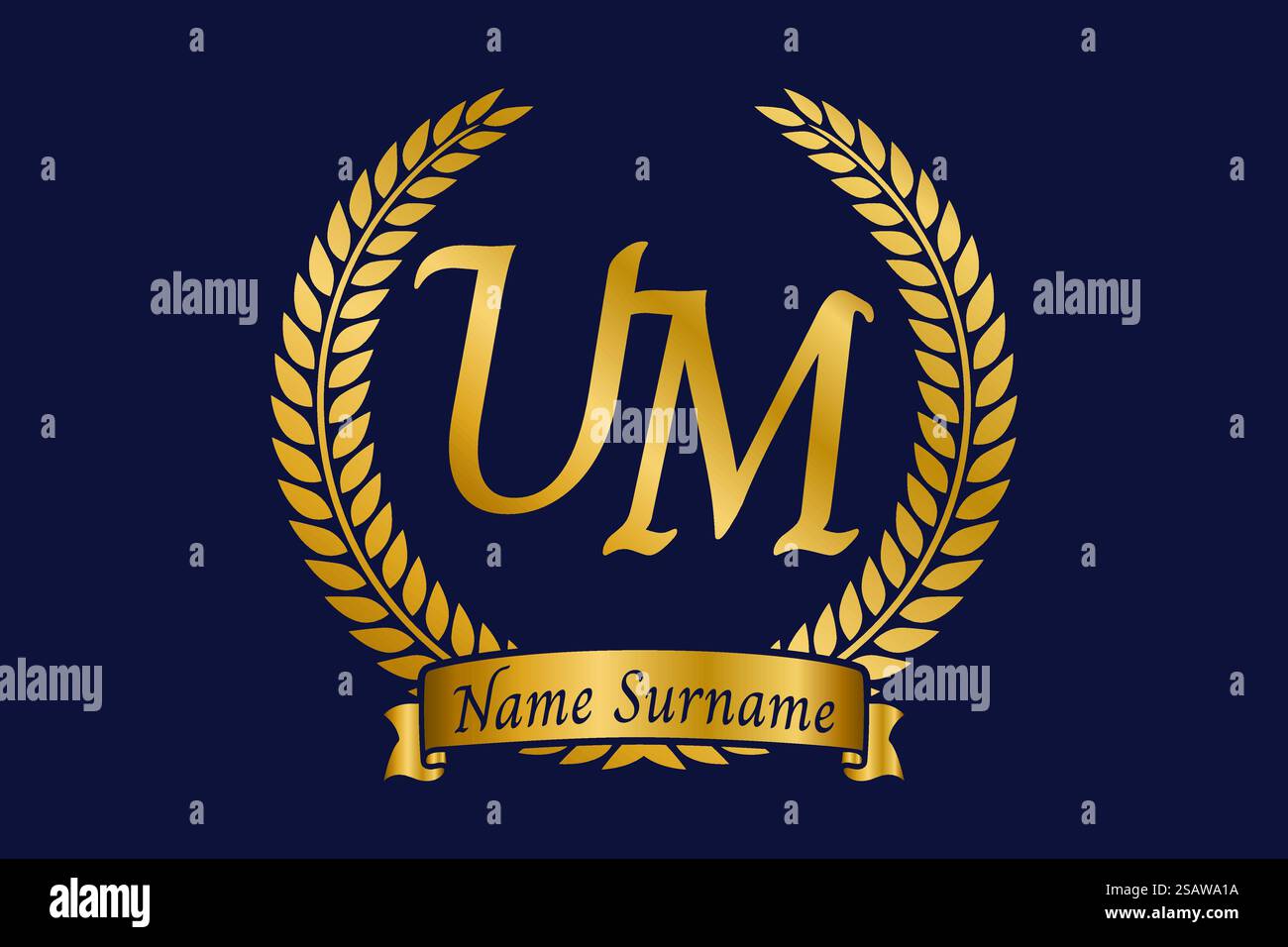 Anfangsbuchstaben U und M, UM-Monogramm-Logo mit Lorbeerkranz. Luxuriöses goldenes Emblem mit Kalligraphie-Schriftart. Stock Vektor