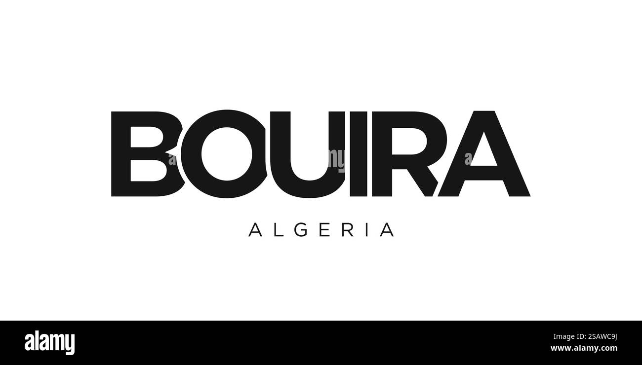 Bouira im algerischen Emblem für Print und Web. Design mit geometrischem Stil, Vektorillustration mit auffälliger Typografie in moderner Schrift. Schriftzug mit grafischem Schriftzug isoliert auf weißem Hintergrund. Bouira im algerischen Emblem. Das Design verfügt über einen geometrischen Stil, Vektorillustration mit auffälliger Typografie in einer modernen Schriftart. Der grafische Schriftzug. Stock Vektor