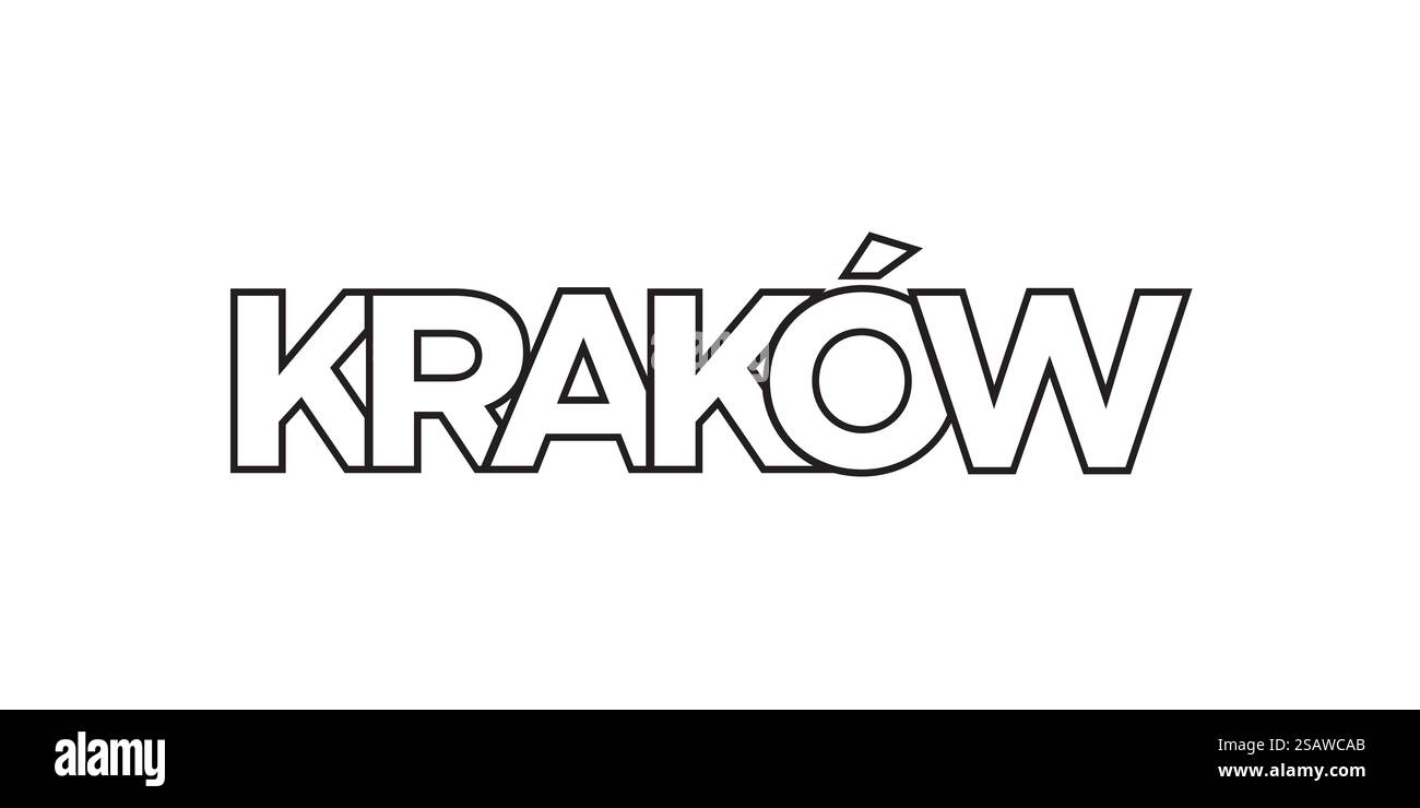 Krakau im polnischen Emblem für Print und Web. Design mit geometrischem Stil, Vektorillustration mit auffälliger Typografie in moderner Schrift. Schriftzug mit grafischem Schriftzug auf weißem Hintergrund. Stock Vektor