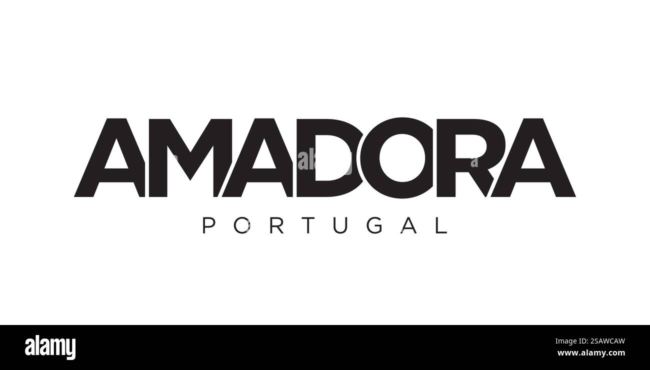 Amadora im portugiesischen Emblem für Print und Web. Design mit geometrischem Stil, Vektorillustration mit auffälliger Typografie in moderner Schrift. Schriftzug mit grafischem Schriftzug auf weißem Hintergrund. Stock Vektor