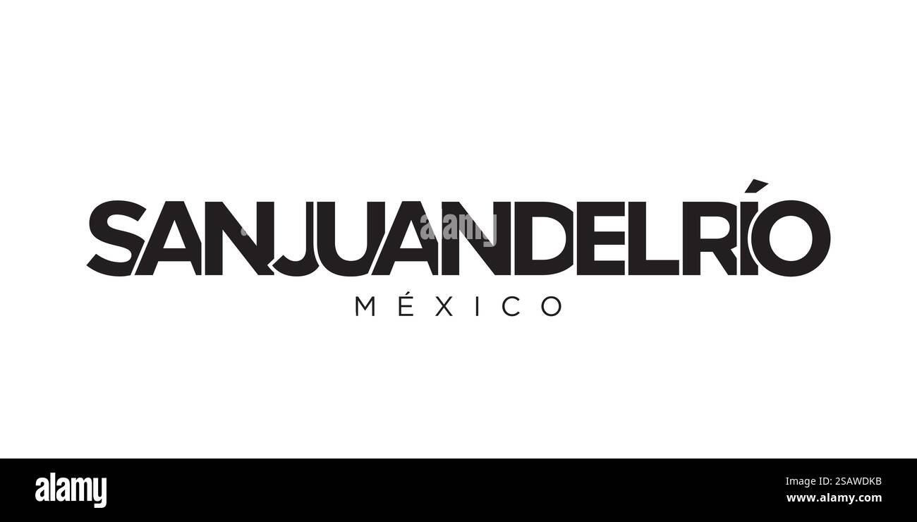 San Juan del Rio im mexikanischen Emblem für Print und Web. Design mit geometrischem Stil, Vektorillustration mit auffälliger Typografie in moderner Schrift. Schriftzug mit grafischem Schriftzug auf weißem Hintergrund. Stock Vektor