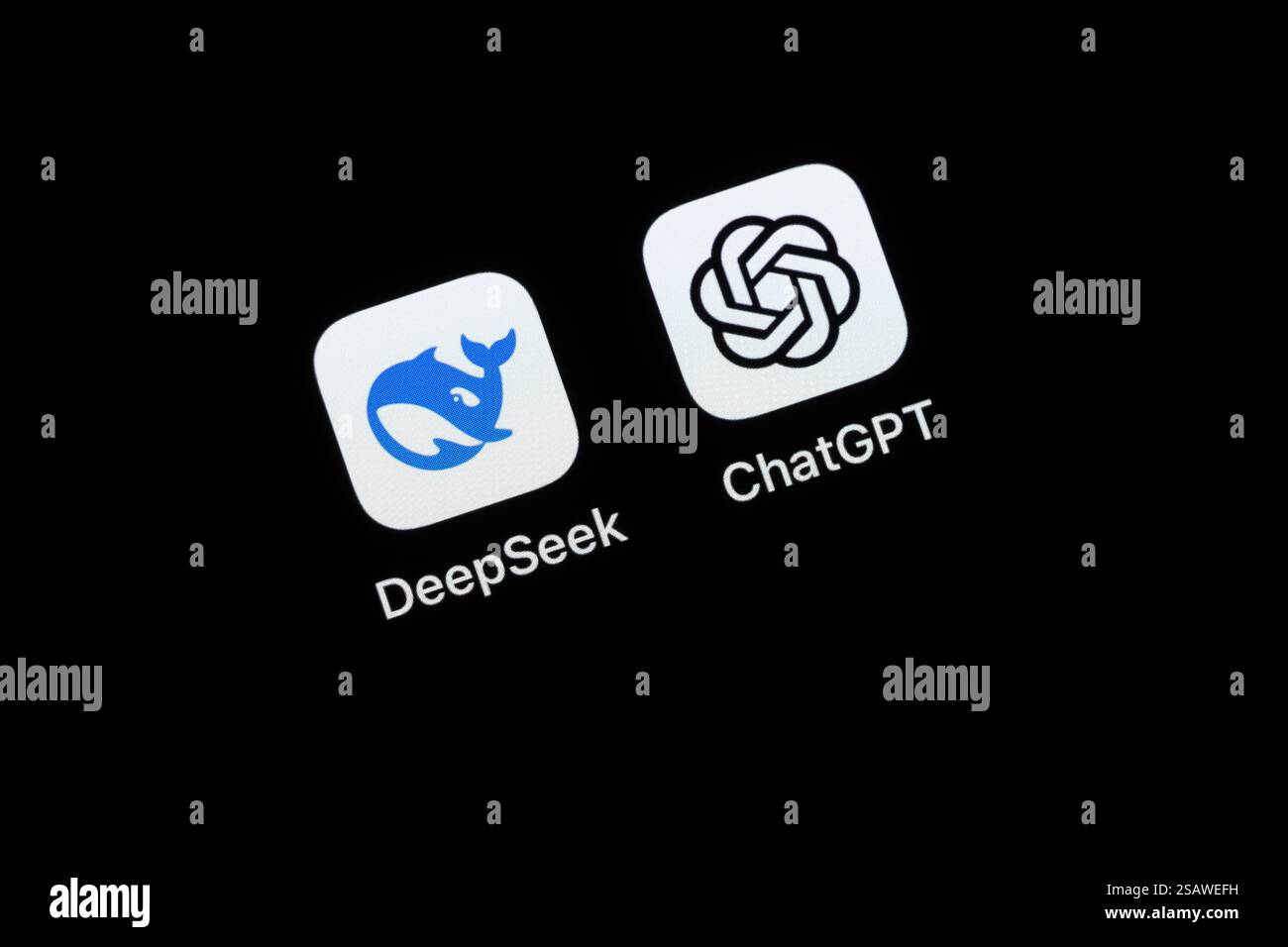 Rottweil, Deutschland. Januar 31, 2025. Die App des chinesischen Start-ups DeepSeek und des US-Softwareunternehmens OpenAI (ChatGPT) ist auf dem Display eines iPhone zu sehen. Quelle: Silas Stein/dpa/Alamy Live News Stockfoto