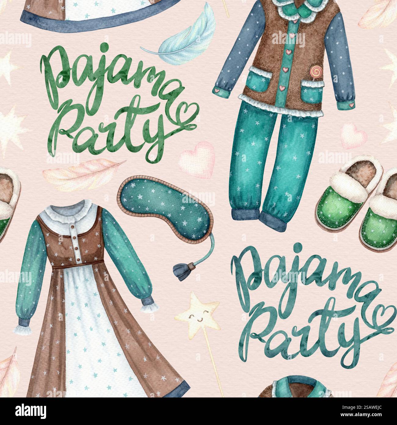 Pyjama-Party-Schriftzug mit nahtlosem Muster aus Nachtwäsche und Hausschuhen im Cartoon-Stil. Handgezeichnete Aquarellillustration auf rosa Hintergrund Stockfoto