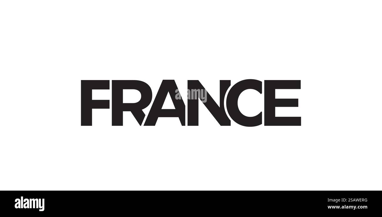 Frankreich Emblem für Print und Web. Design mit geometrischem Stil, Vektorillustration mit auffälliger Typografie in moderner Schrift. Schriftzug mit grafischem Schriftzug auf weißem Hintergrund. Stock Vektor